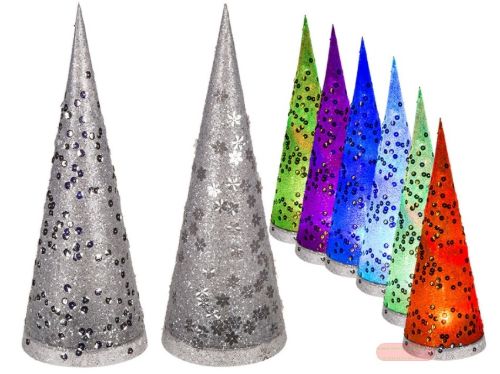 Bild von Kunststoff-Kegel mit Glitter & Pailletten, farbw.LED, inkl.Batt.,11x31cm, 2 x ass. - VE 6