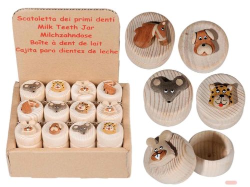 Bild von Milchzahndose Animals aus Holz, ca.4x4cm, 5 x ass., im Display - VE 12