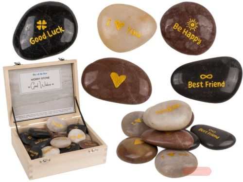Bild von Naturstein Easy Stones, ca.5cm, poliert, englische Texte gemischt in Holzkiste - VE 24