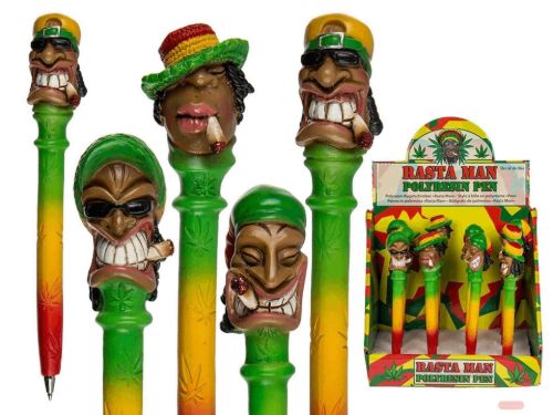 Bild von Polyresin Kugelschreiber Rasta Man, ca.16cm,. 4-fach ass. im Display - VE 12