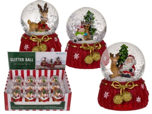 Bild von Polyresin-Schneekugel Merry X-mas, 5,5x6,5cm, 3-fach ass., Sockel rot,Display - VE 12