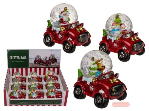Bild von Polyresin-Schneekugel Merry X-mas, 7,7x6,9cm, 3-fach ass., Sockel Auto, Display - VE 9