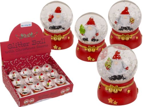 Bild von Polyresin-Schneekugel Wichtel, 4,5,4,5x6cm, 4-fach ass., auf Sockel, Display - VE 12