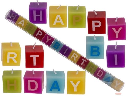 Bild von Quadratische Buntkerzen im Set Happy Birthday, ca.3x3x3cm, gemischt - VE 6