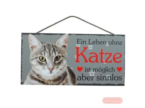 Bild von Schilder Haustier 25x12,5cm, Sperrholz 8mm mit Kordel, Katze grau (Ein Leben) - VE 3