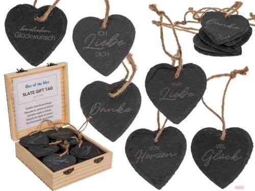 Bild von Schiefer Herz Geschenkanhänger mit deutschen Text, ca.7x7cm, Holzbox - VE 24