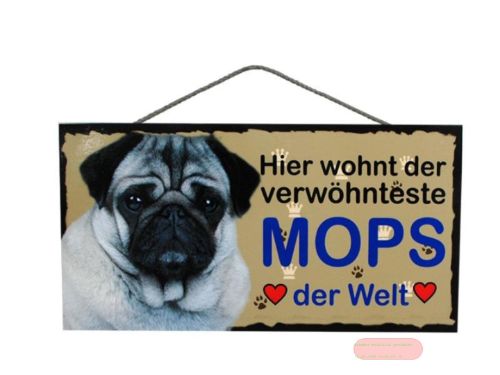 Bild von Schilder Haustier 25x12,5cm, Sperrholz 8mm mit Kordel, Hund Mops - VE 3