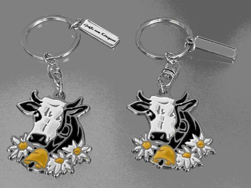 Bild von Schlüsselnhänger Kuh sw/w aus Zink in Handarbeit, ca.6cm, Grusstext nach Wahl - VE 24