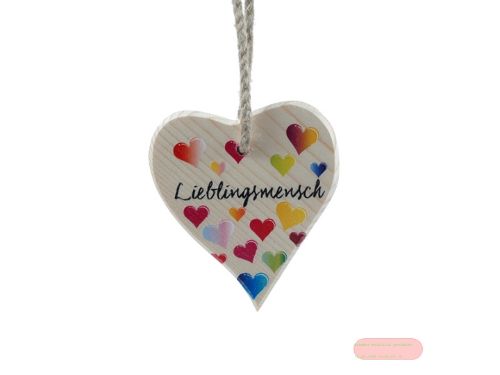 Bild von Spruchherz Holz klein, 9x10cm, Fichte 15mm mit Kordel, Lieblingsmensch - VE 4