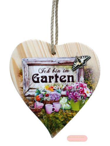 Bild von Spruchherz Holz mittel, 15x17cm, Fichte 15mm mit Kordel, Bin im Garten - VE 4