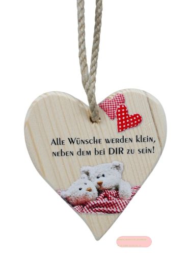 Bild von Spruchherz Holz klein, 9x10cm, Fichte 15mm mit Kordel, Alle Wünsche werden klein - VE 4