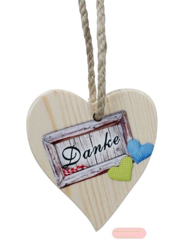 Bild von Spruchherz Holz klein, 9x10cm, Fichte 15mm mit Kordel, Danke - VE 4