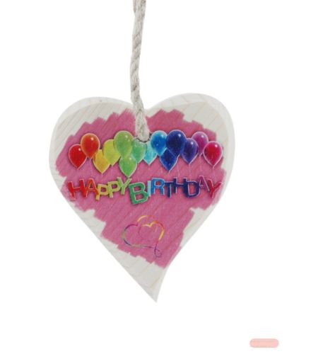 Bild von Spruchherz Holz klein, 9x10cm, Fichte 15mm mit Kordel, Happy Birthday - VE 4