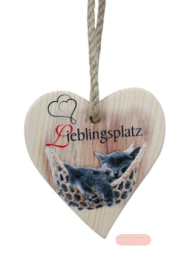 Bild von Spruchherz Holz klein, 9x10cm, Fichte 15mm mit Kordel, Katze Lieblingsplatz - VE 4