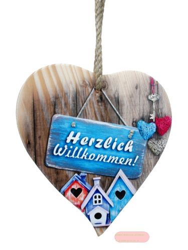 Bild von Spruchherz Holz mittel, 15x17cm, Fichte 15mm mit Kordel, Herzlich Willkommen - VE 4