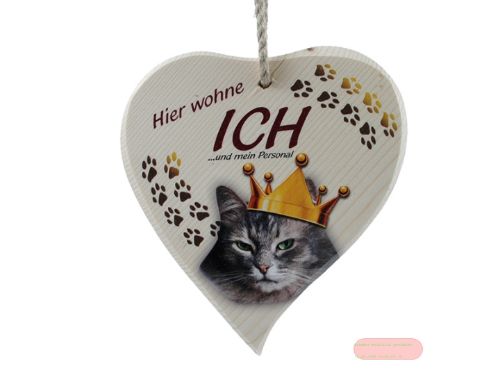 Bild von Spruchherz Holz mittel, 15x17cm, Fichte 15mm mit Kordel, Katze Ich und Personal - VE 4
