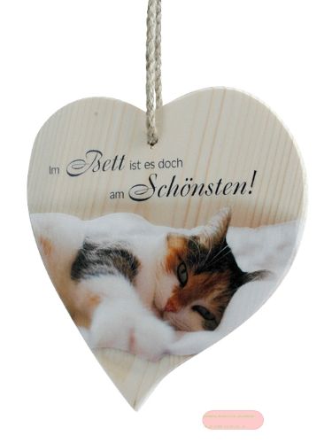 Bild von Spruchherz Holz mittel, 15x17cm, Fichte 15mm mit Kordel, Katze im Bett ist es doch - VE 4
