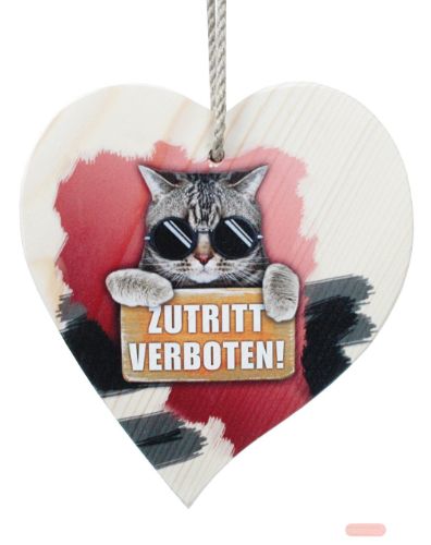 Bild von Spruchherz Holz mittel, 15x17cm, Fichte 15mm mit Kordel, Katze Zutritt verboten - VE 4