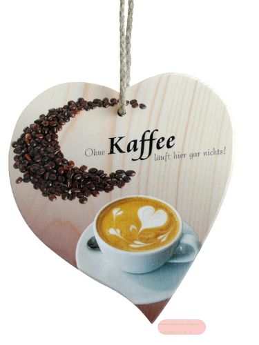 Bild von Spruchherz Holz mittel, 15x17cm, Fichte 15mm mit Kordel, Ohne Kaffee läuft hier gar - VE 4