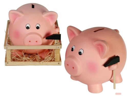 Bild von Spardose aus Terrakotta, Schwein mit Hammer XXL, ca.21x16cm, in Holz-Box - VE 2