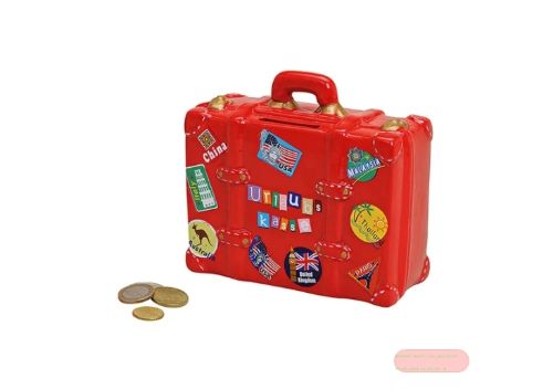 Bild von Spardosen Reisekoffer Urlaub Keramik, ca.14x6x13cm, rot - VE 3