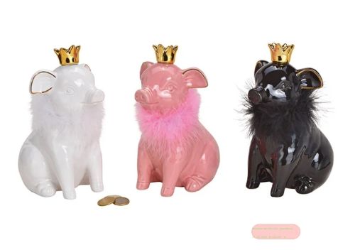 Bild von Spardosen Schwein mit Krone, Keramik, 3-fach ass., ca.10x21x13cm - VE 3