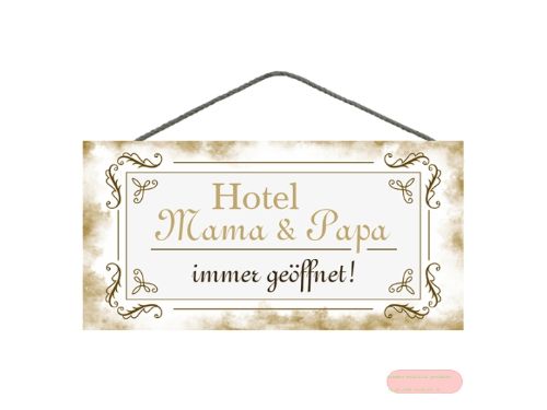 Bild von Spruchschild 25x12,5cm, Sperrholz 8mm mit Kordel, Hotel Mama & Papa - VE 3