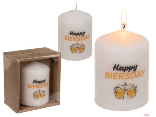 Bild von Stumpenkerzen 6x8cm, Kraftpapierverpackung, Happy Biersday - VE 4