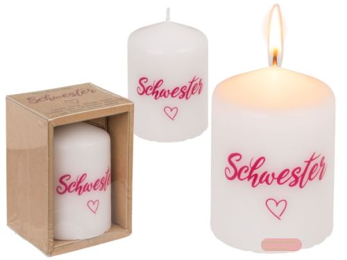 Bild von Stumpenkerzen 6x8cm, Kraftpapierverpackung, Schwester - VE 4