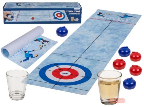 Bild von Trinkspiel Tischcurling, Matte 120x30cm, 6 Curlingsteine & 2 Gläser, G-Box - VE 3
