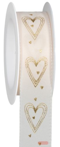Bild von Taftband bedruckt mit Drahtkante auf Spule, 25mm x 2m, Romantic Heart creme/gold - VE 6