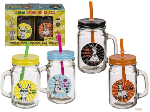 Bild von Trinkglas Lamas mit Henkel/Trinkhalm/Verschluss,500ml,h:13cm,2er Set, 2x ass.,Box - VE 12