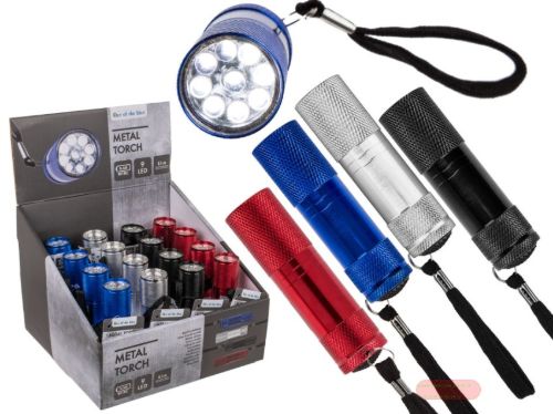 Bild von Taschenlampe aus Metall, 9 LED, batt.betrieben, 8,5cm, 4-fach ass. im Display - VE 16