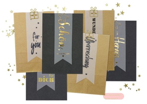 Bild von Tüten Kraftpapier mir Klammern 12x18x6cm, 6 Designs gemischt, 60 Stück lose Nachfüllpack