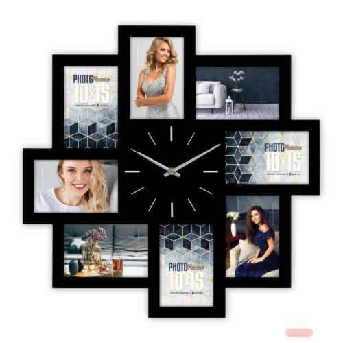 Bild von Wanduhr Trieste Black 50x50cm, Holz, für 8 Fotos 10x15cm, schwarz