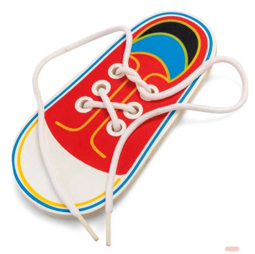 Bild von WOODEN LACING SHOE, Lernspiel Schnürsenkel binden, ca.16cm, im Display - VE 24