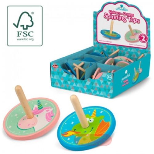 Bild von WOODEN UNICORN AND DRAGON SPINNING TOP, Kreisel Holz 6cm, Display - VE 24 (SR)