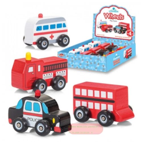 Bild von WOODEN WHEELS TOY CARS, Spielzeugautos gemischt aus Holz FSC, ca.9cm, Display - VE 12