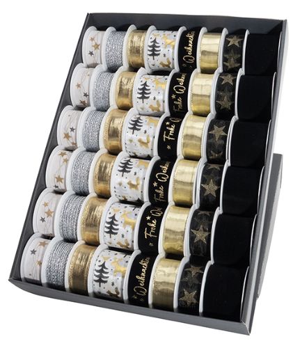 Bild von Geschenkband, z.T. mit Drahtkante, div. Breiten/Längen, sw/w/gold gemischt - VE 48 (SR)