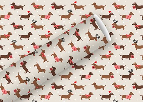 Bild von Geschenkpapier High Rollen 2m x 70cm, Weihnachtsdackel sand - VE 5