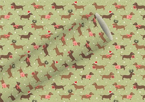 Bild von Geschenkpapier Rollen 1,5m x 70cm, Graspapier, Weihnachtsdackel grün - VE 5